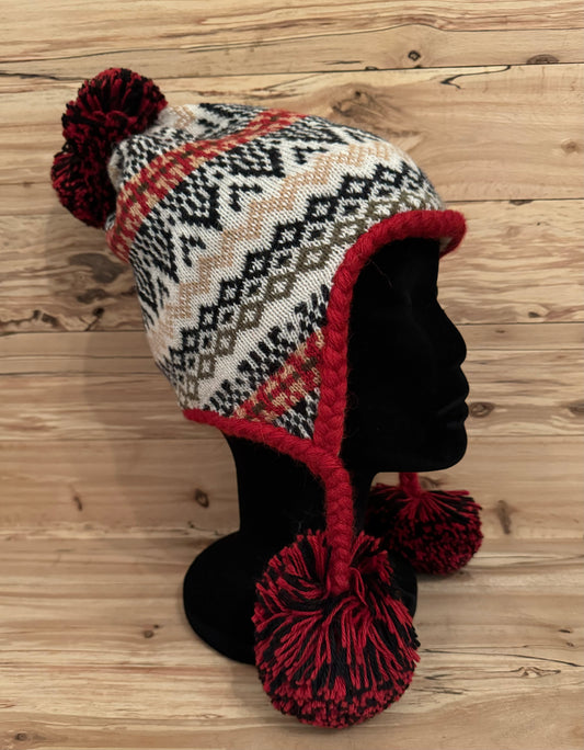 TUQUE ANDINE EN ALPAGA ROUGE ET NATURELLE