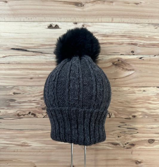 TUQUE EN ALPAGA CHARCOAL/POMPON DE FOURRURE NOIR - Ferme MarieBob